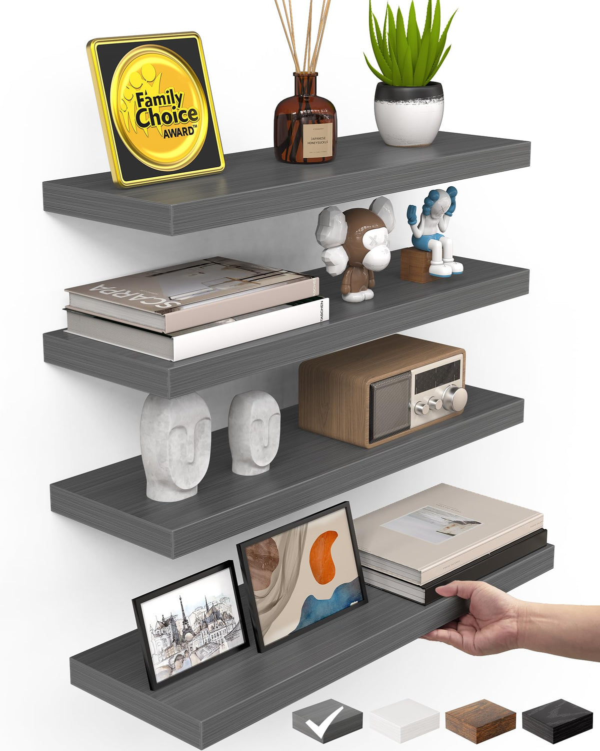 BAYKA Black Floating Shelves 15.7in, Set of 3, Wall Mount Rustic Wood Shelf
