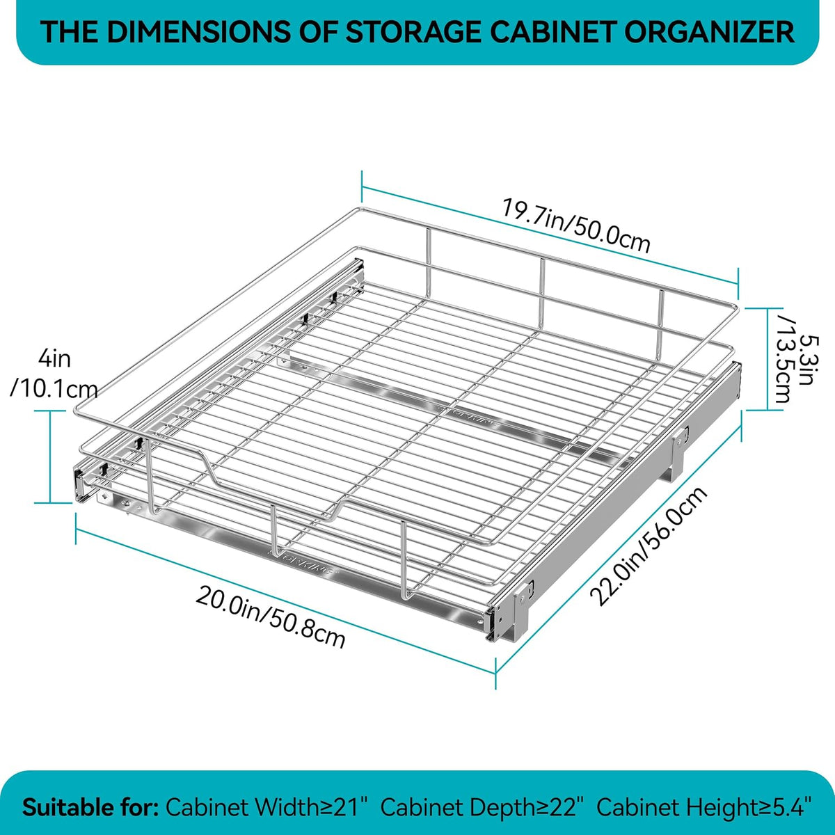 Pull Out Cabinet Organizer 21" W X 22" D, Chromed, Full Slide Out Drawers