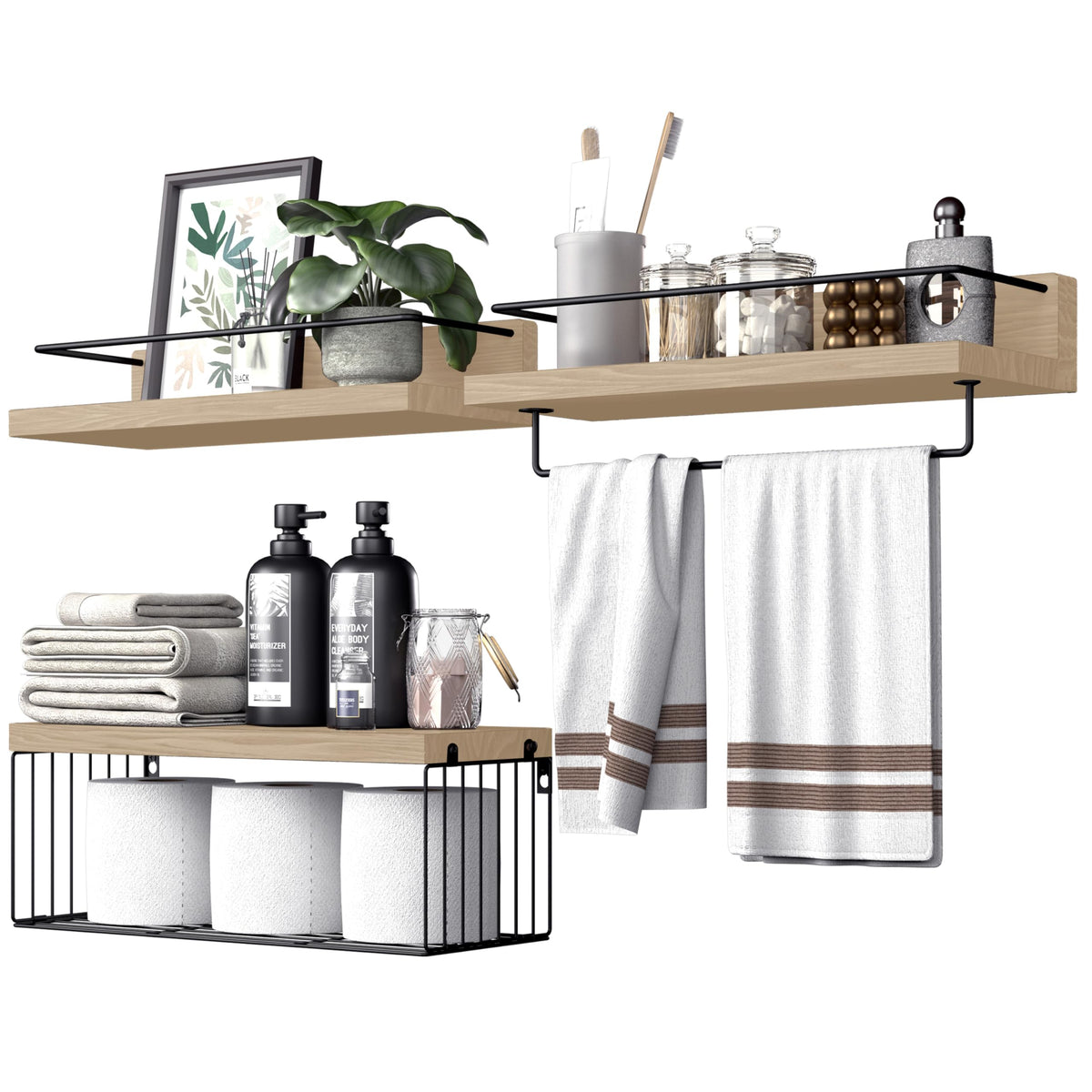 PopiShelves Bathroom Shelves Over Toilet for Wall, Floating Shelves with Storage Basket Paper Holer for Kitchen Living Room, Bedroom & Classroom, Set of 3 (Dark Brown)