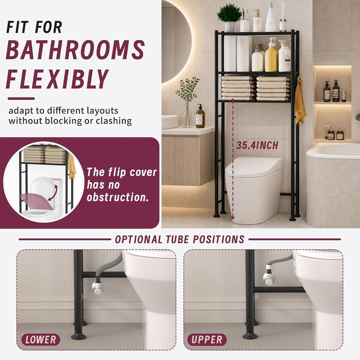 3-Tier Over The Toilet Storage Cabinet with Paper Holder and 4 Hooks, Metal Over Toilet Bathroom Organizer and Storage Shelf, Bathroom Shelves for Living Room/Laundry/Balcony(Black)