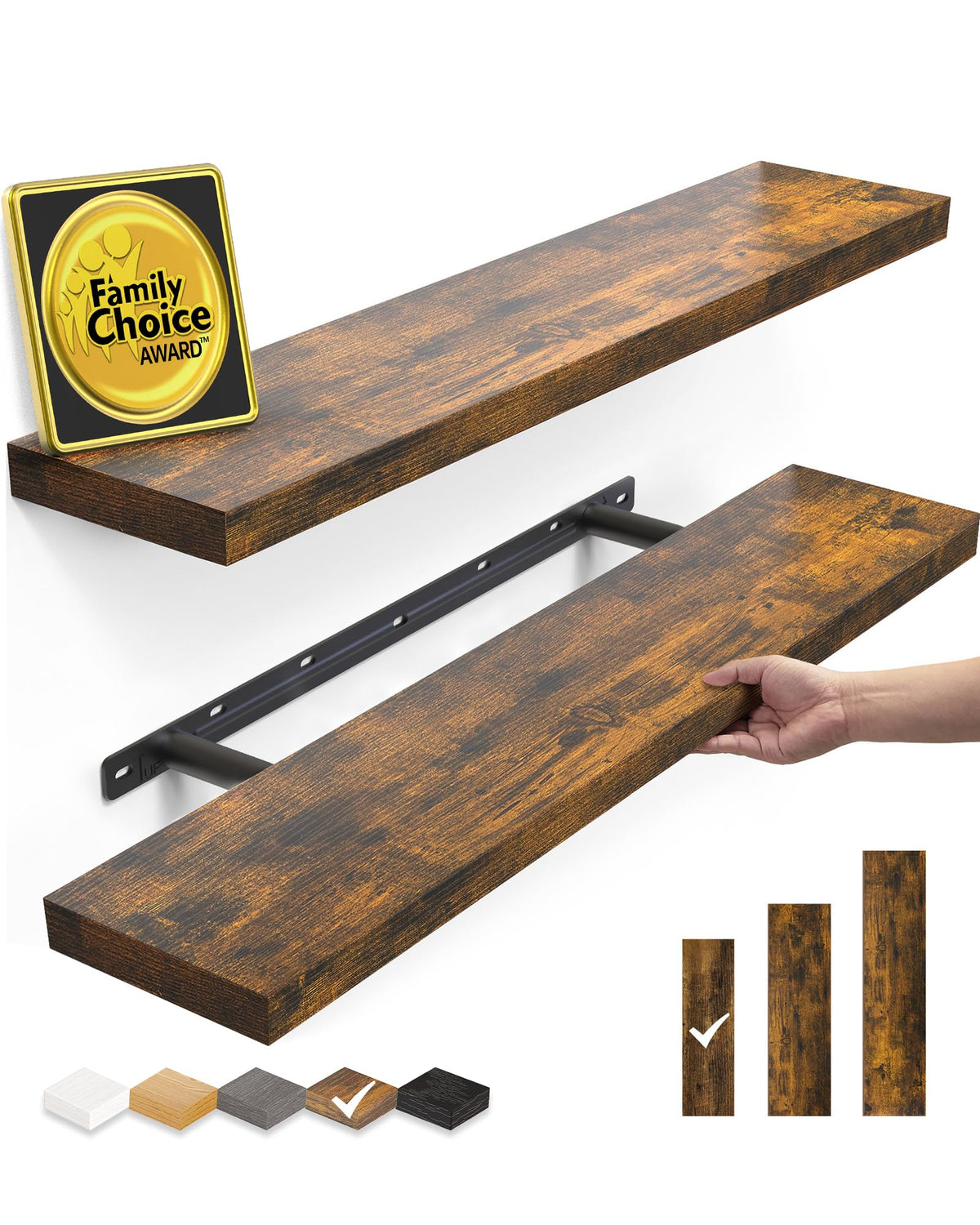 BAYKA Black Floating Shelves 15.7in, Set of 3, Wall Mount Rustic Wood Shelf