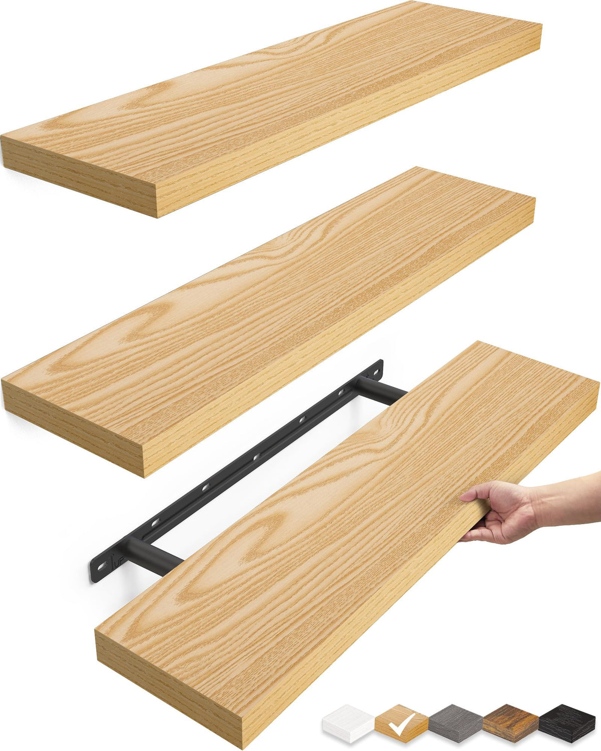 BAYKA Black Floating Shelves 15.7in, Set of 3, Wall Mount Rustic Wood Shelf