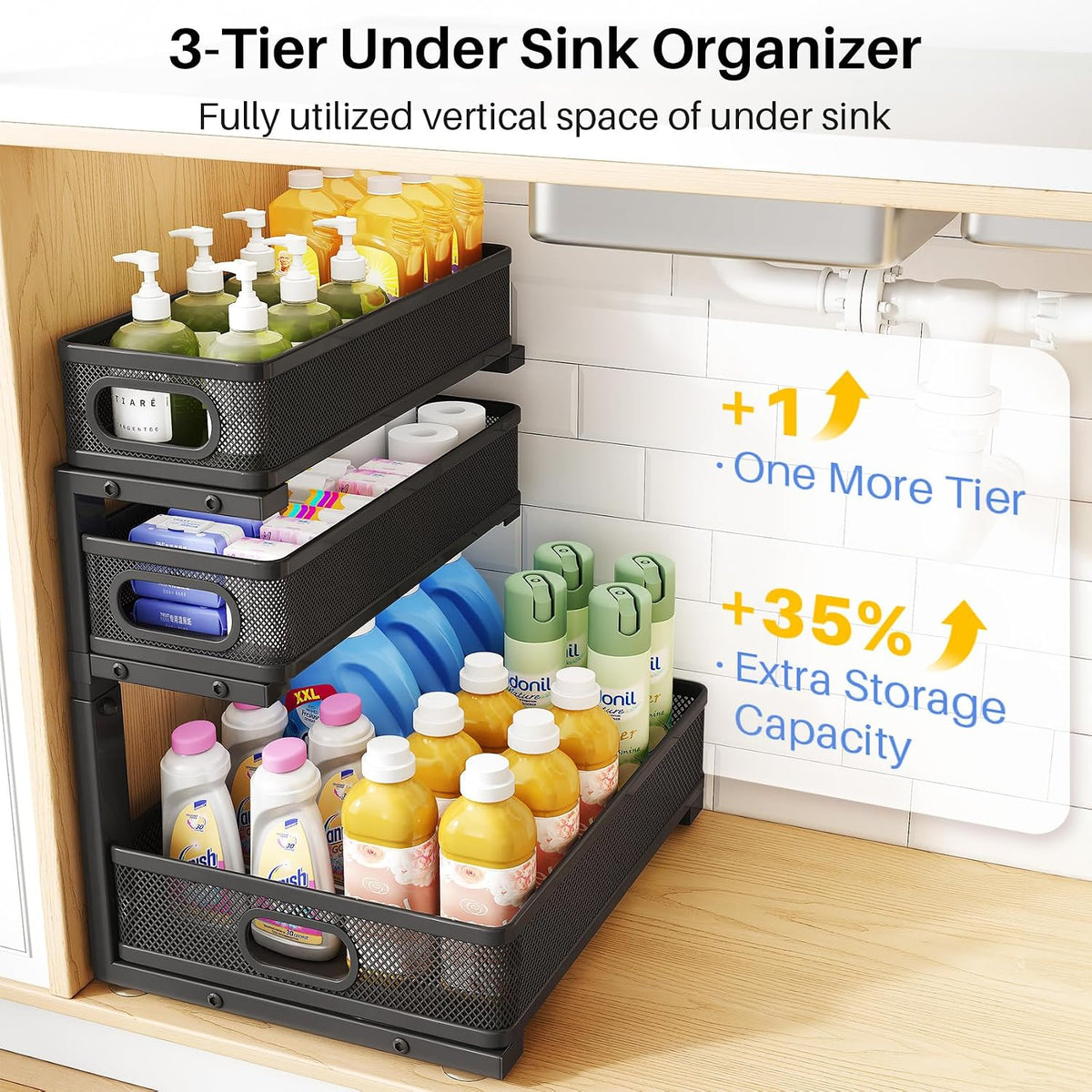 Under Sink Organizer, 3-Tier Thickened Metal Pull out Cabinet Organizer Shelf, Height Adjustable Slide out Storage Drawer Rack for Kitchen Bathroom Pantry Laundry Home Organization, 2-Pack, Black