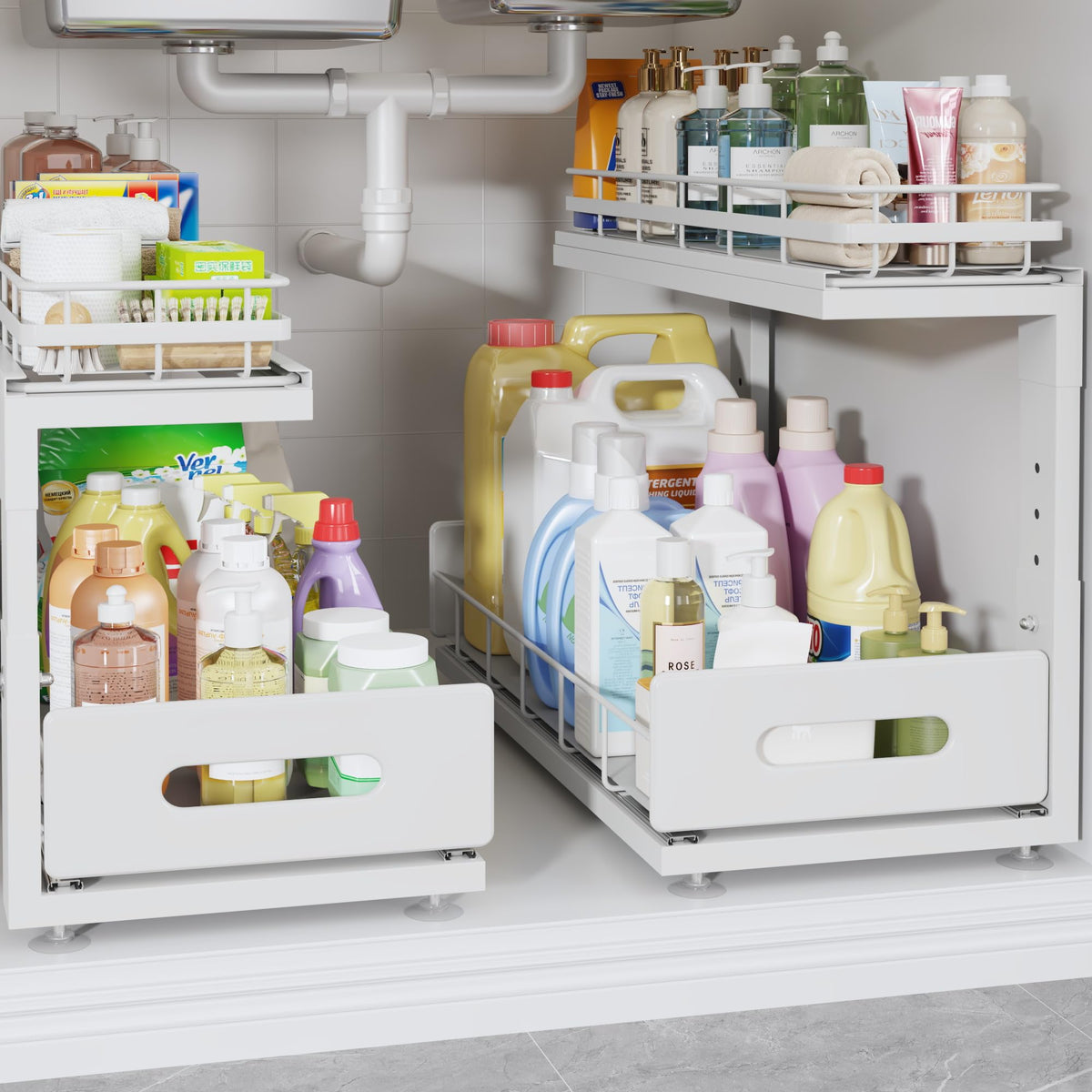 Under Sink Organizer Upgrade To Professional Rails,2-Tier Dual Pull Out Cabinet Storage,Height Adjustable Slide Out Drawers For Bathroom Kitchen,2 Pack-14.5" Dx12.8-16.9" H,White