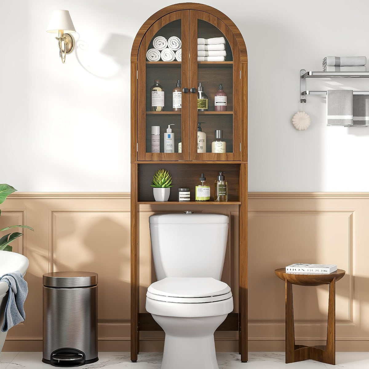 Arched Over The Toilet Storage Cabinet with Acrylic Doors, Bathroom Shelf