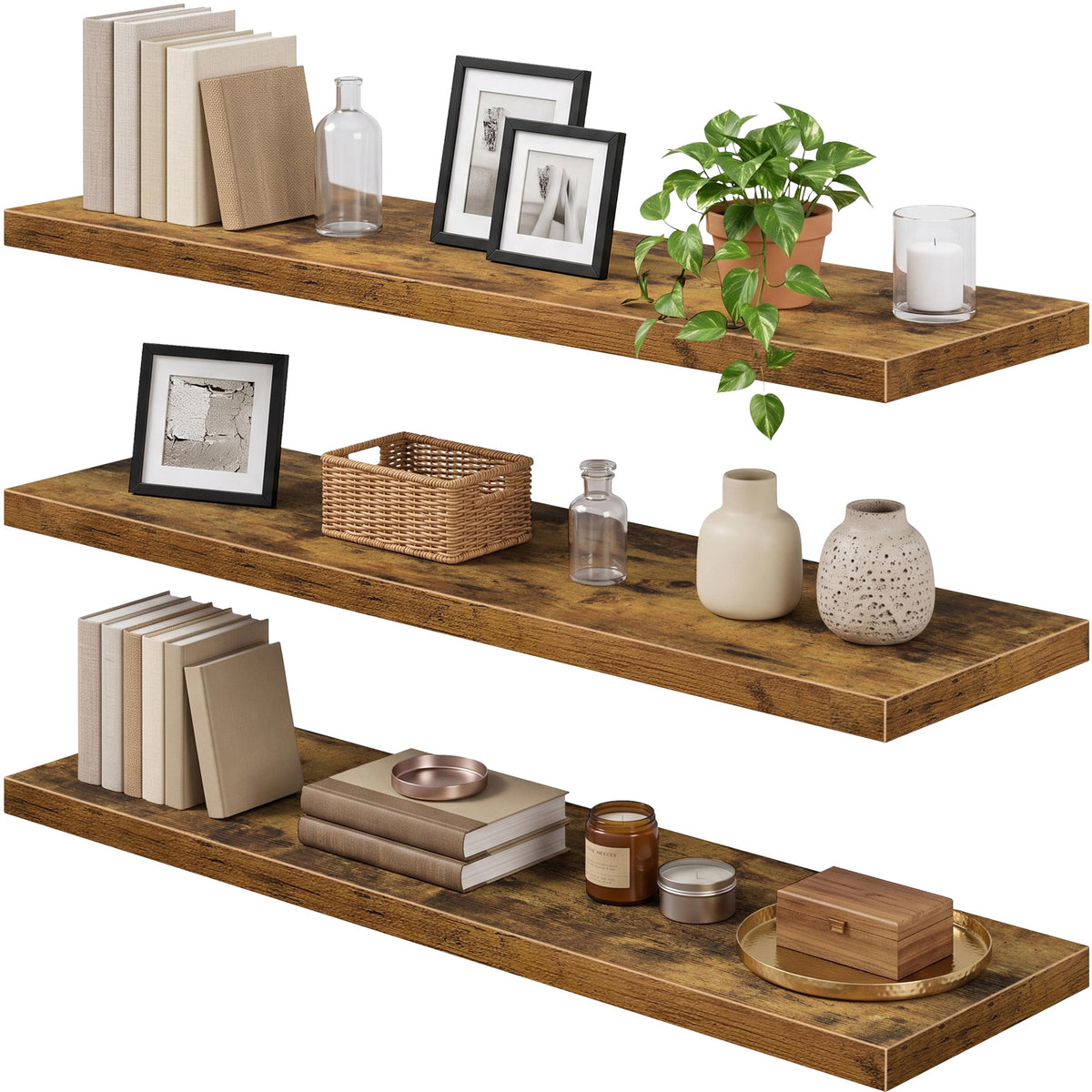 QEEIG Floating Shelves for Wall Small Shelf (Brown, Set of 3, 15.7" x 6.7")