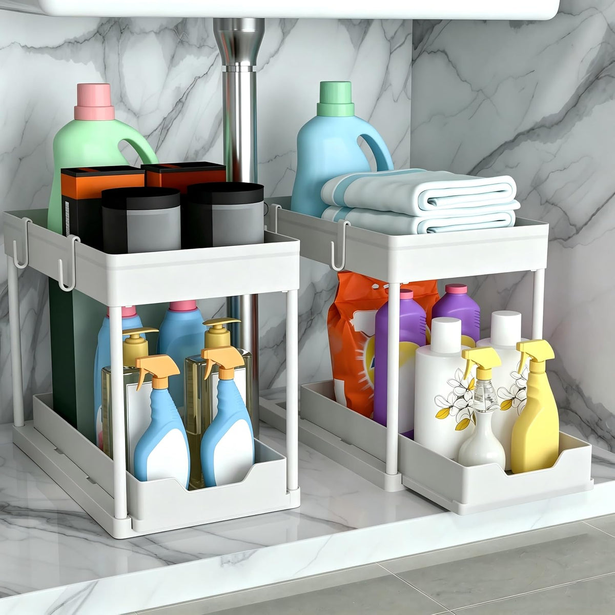 DEKAVA Cabinet, 2 Pack Under Sink Organizer, 2 Tier Sliding Bathroom Kitchen Organizer, Large White ABS Baskets, Easy Install & Clean