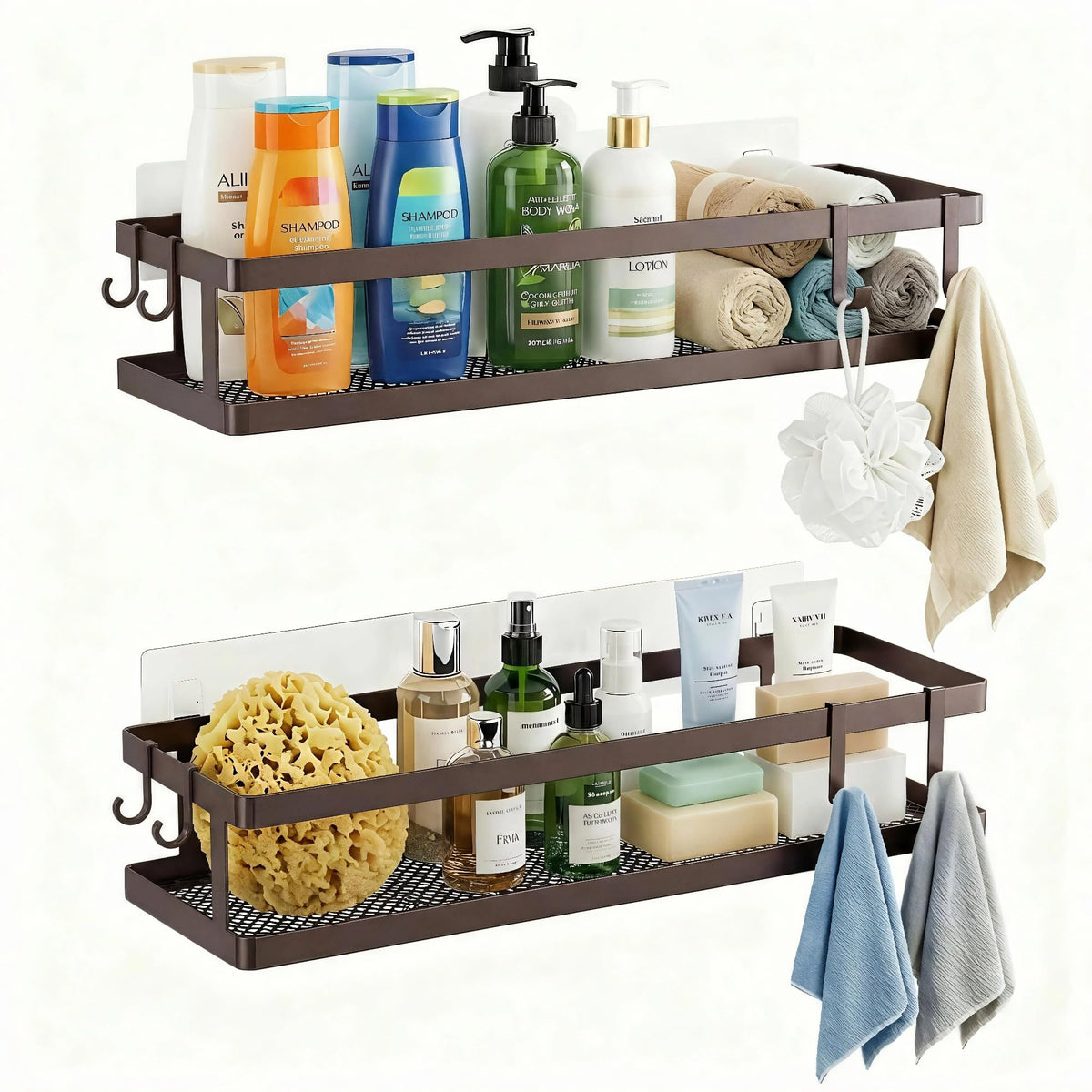 PUSDON Mesh Shower Caddy Wall Mount, Heavy Duty Adhesive Bathroom Shelf Organizer, Rustproof Floating Spice Rack for Kitchen Pantry, Holds 50 LBS, Multi-Purpose Storage Black-2 Packs (Netting)