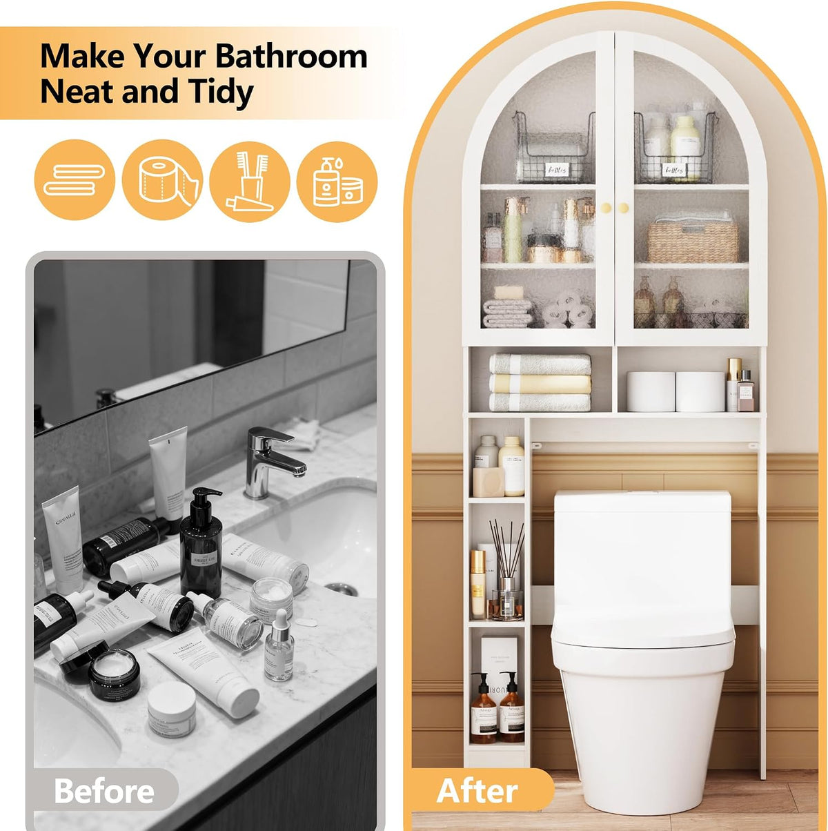 Over The Toilet Storage Cabinet, 29.7”W Modern Storage Cabinet Over Toilet with Acrylic Doors, Arched Freestanding Over Toilet Rack with Adjustable Shelf for Bathroom, White