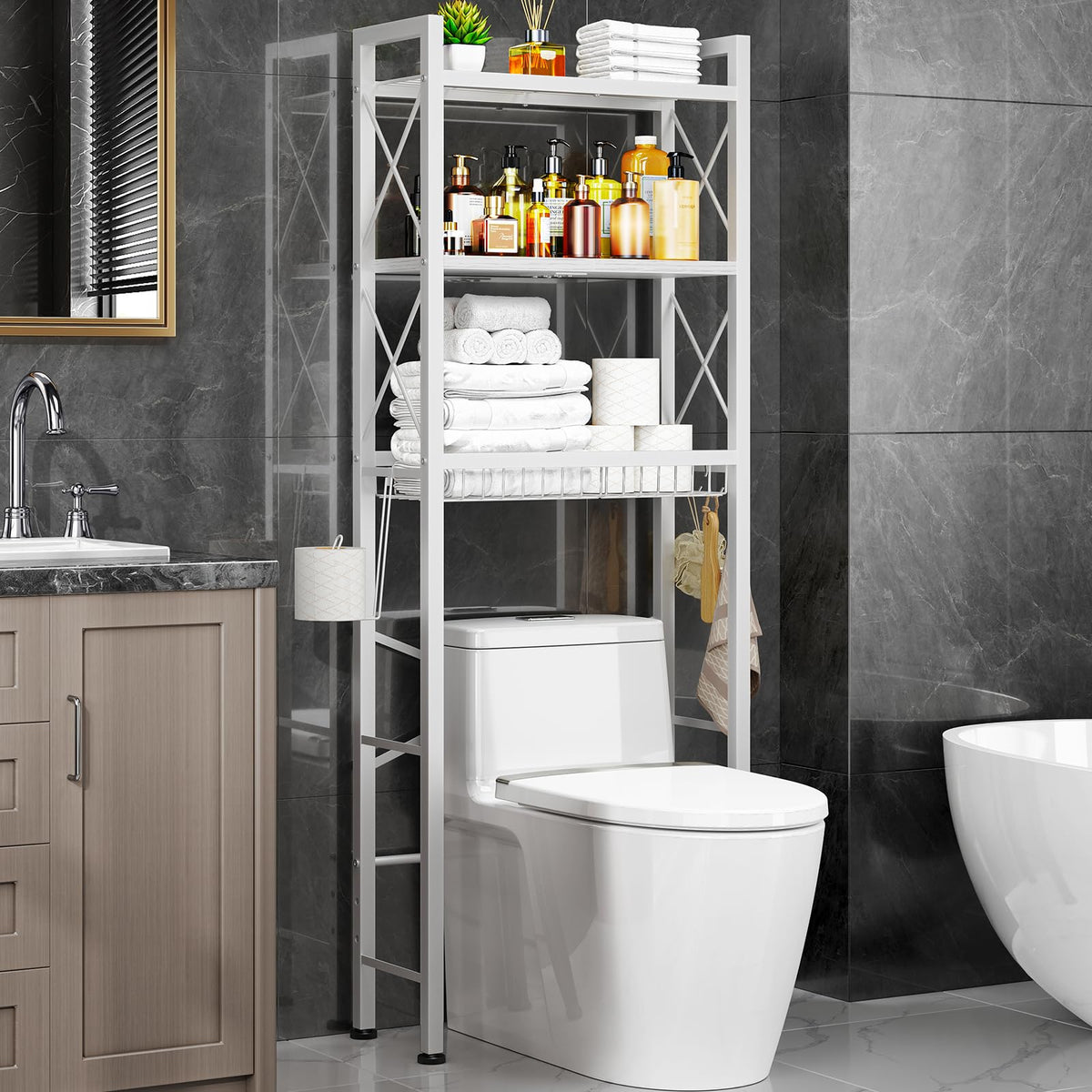 Kalrin Over The Toilet Storage with X Shape Side Guardrail, 3-Tier Over Toilet Storage Rack with Drain Basket, Freestanding Bathroom Organizer for Balcony Laundry, Pure Black