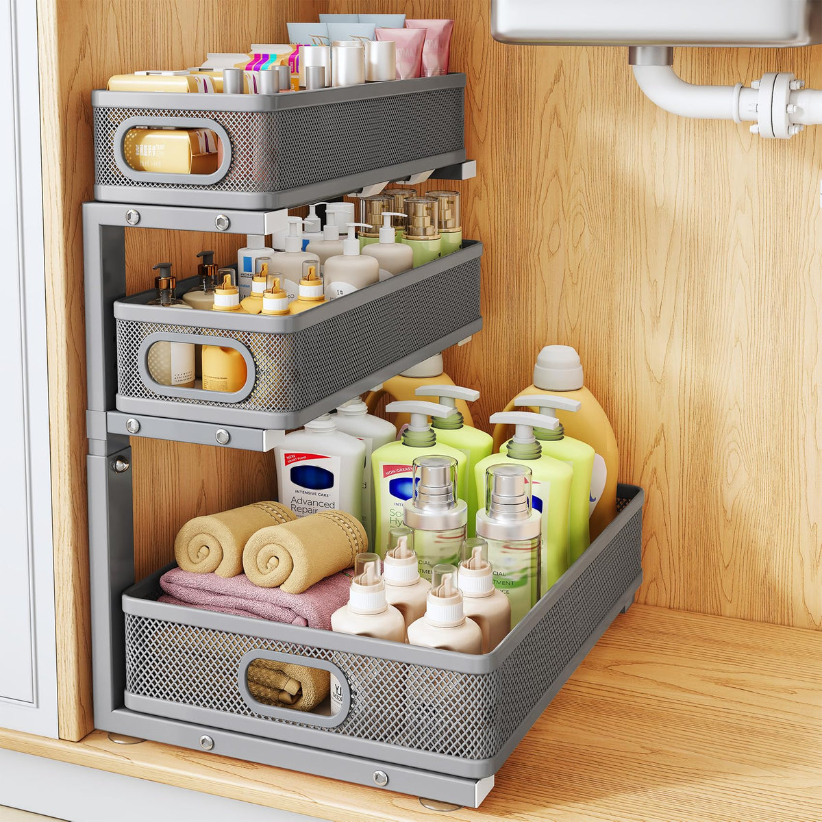 Under Sink Organizer, 3-Tier Thickened Metal Pull out Cabinet Organizer Shelf, Height Adjustable Slide out Storage Drawer Rack for Kitchen Bathroom Pantry Laundry Home Organization, 2-Pack, Black