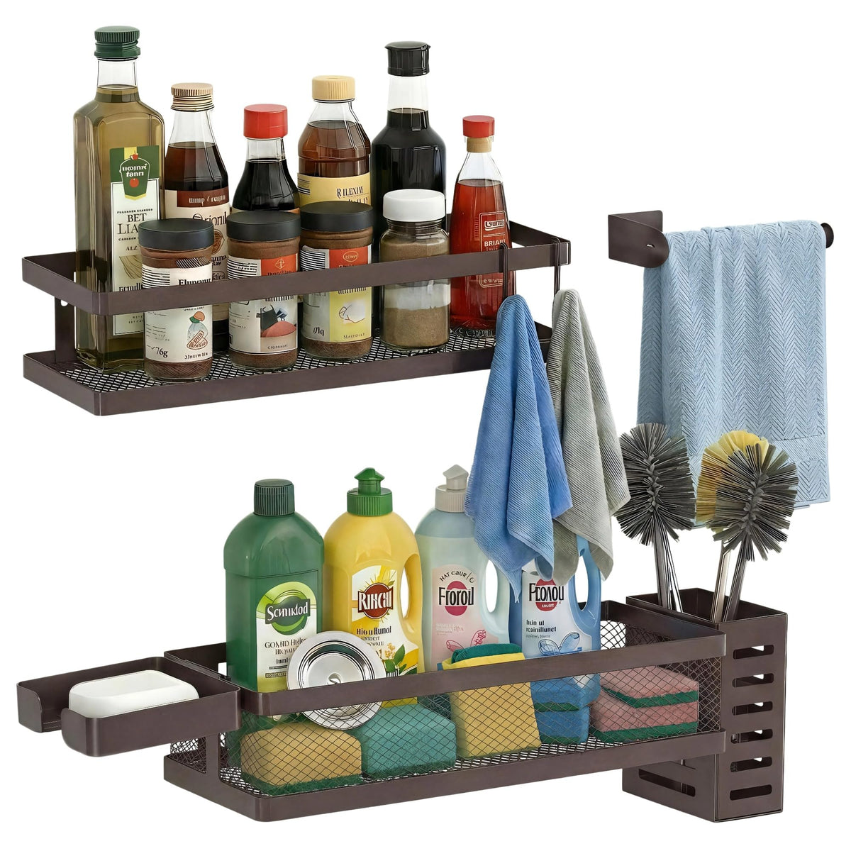 PUSDON Mesh Shower Caddy Wall Mount, Heavy Duty Adhesive Bathroom Shelf Organizer, Rustproof Floating Spice Rack for Kitchen Pantry, Holds 50 LBS, Multi-Purpose Storage Black-2 Packs (Netting)