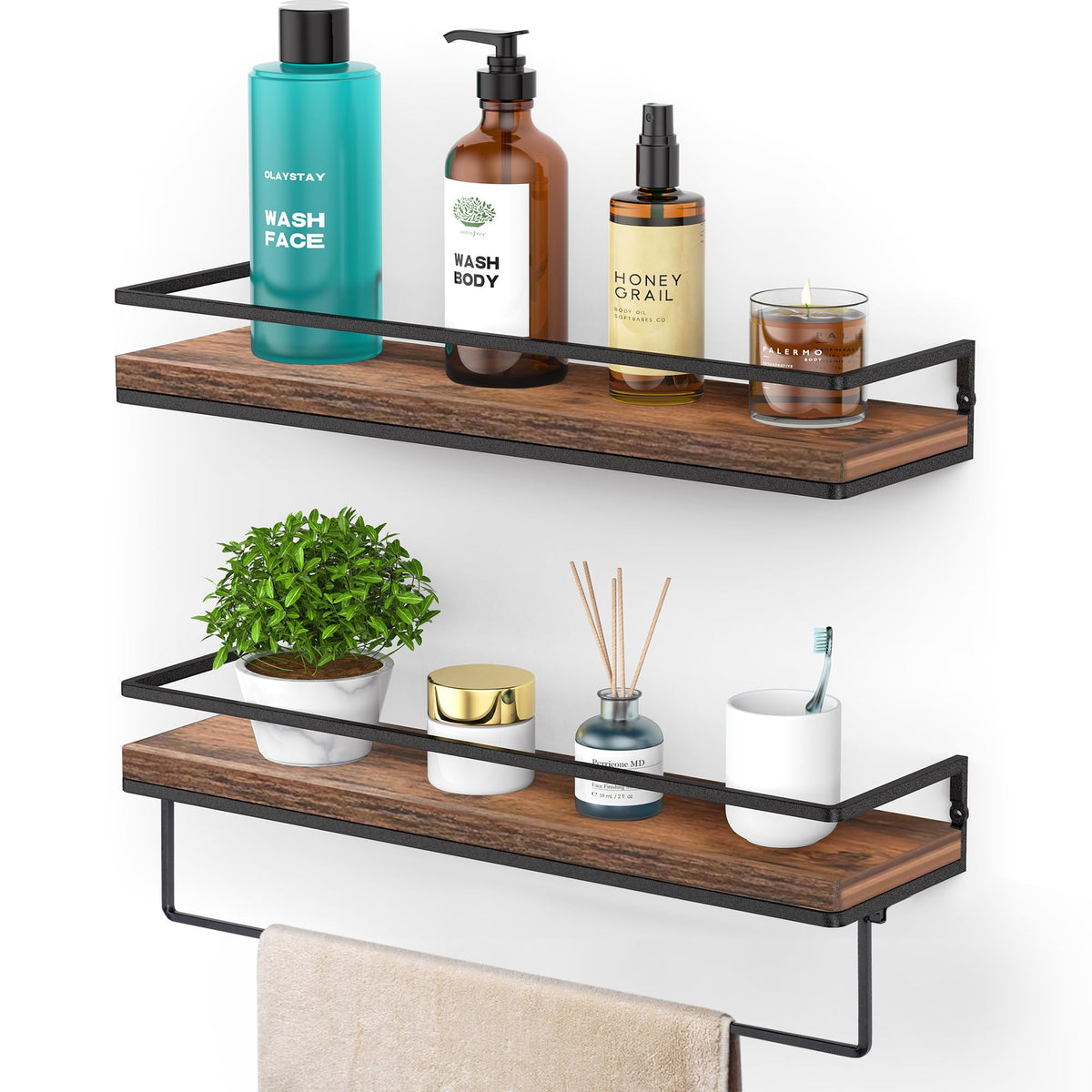 Meangood Floating Shelves Wall Mounted Set of 2, Rustic Wood Wall Storage Shelves for Bedroom,Living Room,Bathroom, Kitchen Torched Wood