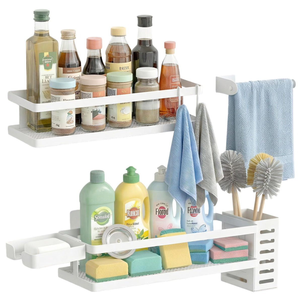 PUSDON Mesh Shower Caddy Wall Mount, Heavy Duty Adhesive Bathroom Shelf Organizer, Rustproof Floating Spice Rack for Kitchen Pantry, Holds 50 LBS, Multi-Purpose Storage Black-2 Packs (Netting)