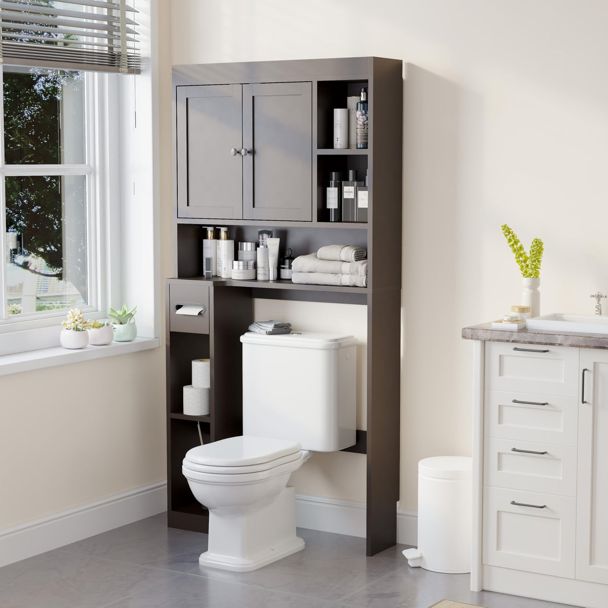 Over The Toilet Storage Cabinet with 7 Shelves, Imitation Walnut Grain Above Toilet Bathroom Organizer with Toilet Paper Holder Stand, Space Saver for Restroom, Laundry, Bathroom (White)