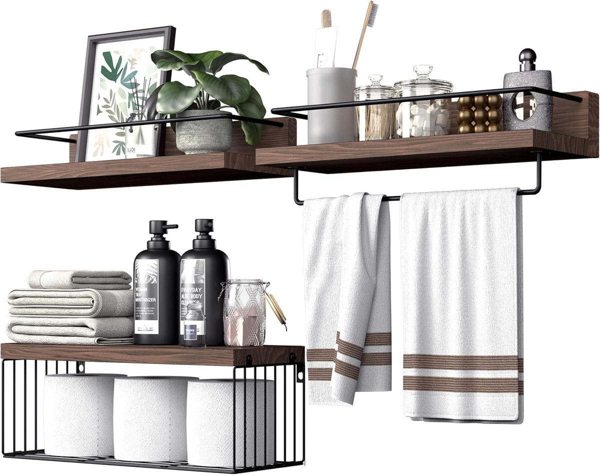 PopiShelves Bathroom Shelves Over Toilet for Wall, Floating Shelves with Storage Basket Paper Holer for Kitchen Living Room, Bedroom & Classroom, Set of 3 (Dark Brown)