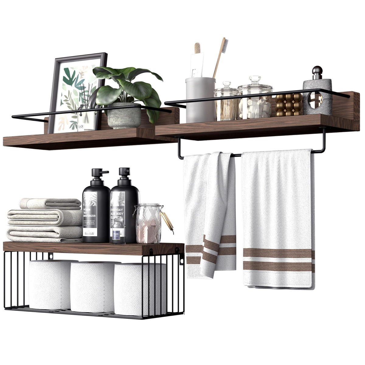 PopiShelves Bathroom Shelves Over Toilet for Wall, Floating Shelves with Storage Basket Paper Holer for Kitchen Living Room, Bedroom & Classroom, Set of 3 (Dark Brown)