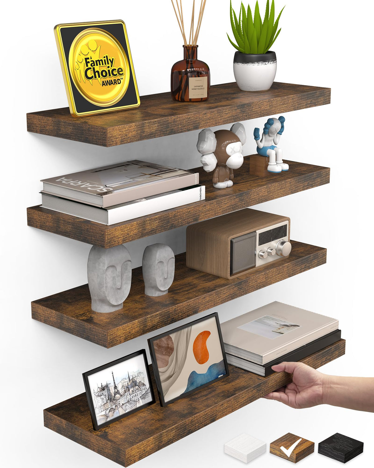 BAYKA Black Floating Shelves 15.7in, Set of 3, Wall Mount Rustic Wood Shelf