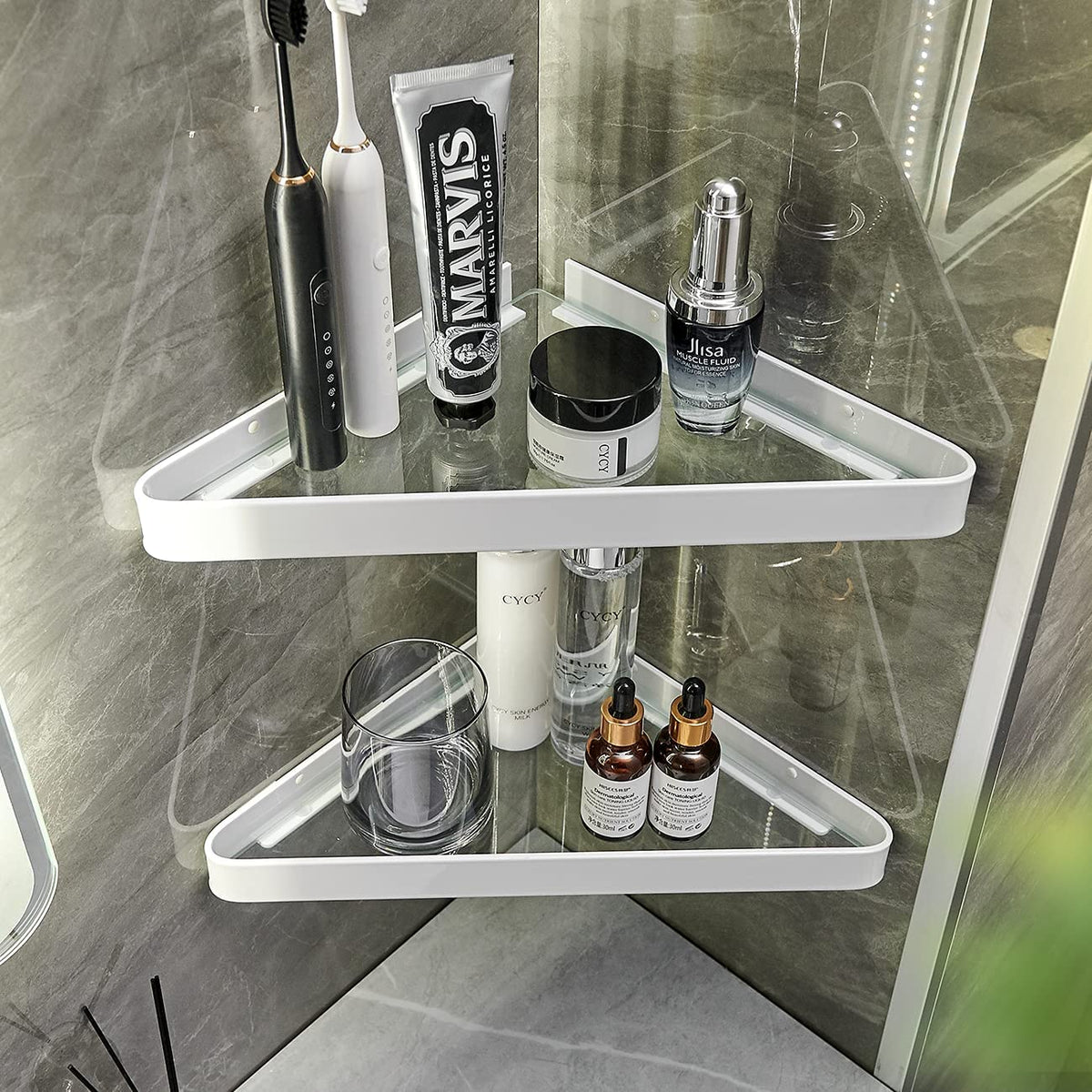 VOLPONE Bathroom Shelves Wall Mounted Glass Shelf for Floating Shelf Tempered Glass Shelves 2 Tier Bathroom Wall Organizer(Black)