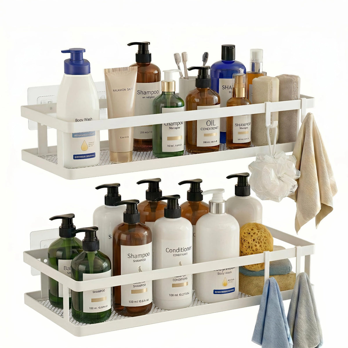 PUSDON Mesh Shower Caddy Wall Mount, Heavy Duty Adhesive Bathroom Shelf Organizer, Rustproof Floating Spice Rack for Kitchen Pantry, Holds 50 LBS, Multi-Purpose Storage Black-2 Packs (Netting)