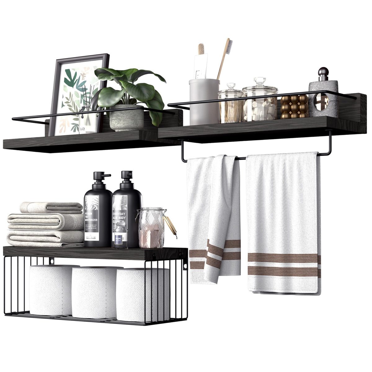 PopiShelves Bathroom Shelves Over Toilet for Wall, Floating Shelves with Storage Basket Paper Holer for Kitchen Living Room, Bedroom & Classroom, Set of 3 (Dark Brown)