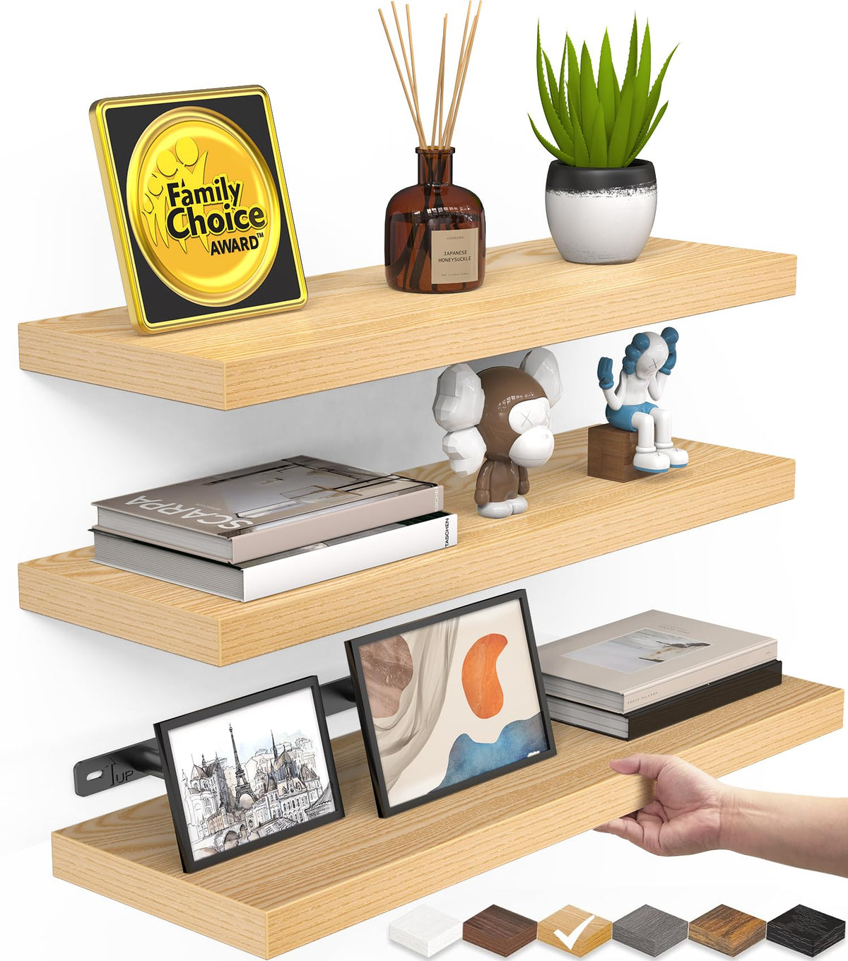 BAYKA Black Floating Shelves 15.7in, Set of 3, Wall Mount Rustic Wood Shelf