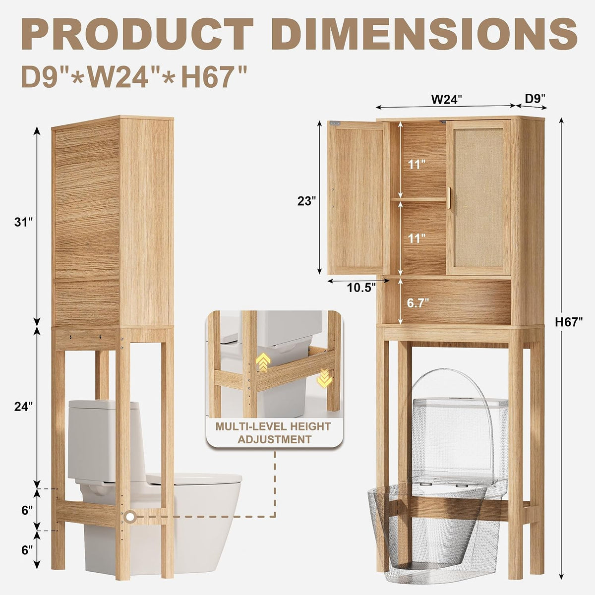 Over the Toilet Storage Cabinet, Bathroom Storage Cabinet with Rattan Doors, Bathroom Cabinet Over Toilet with Adjustable Shelf, Tall Freestanding Over Toilet Bathroom Organizer, Boho Natural Style