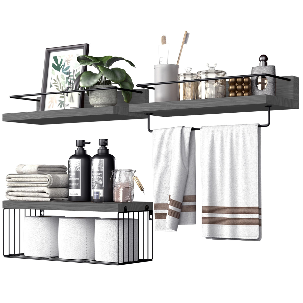 PopiShelves Bathroom Shelves Over Toilet for Wall, Floating Shelves with Storage Basket Paper Holer for Kitchen Living Room, Bedroom & Classroom, Set of 3 (Dark Brown)