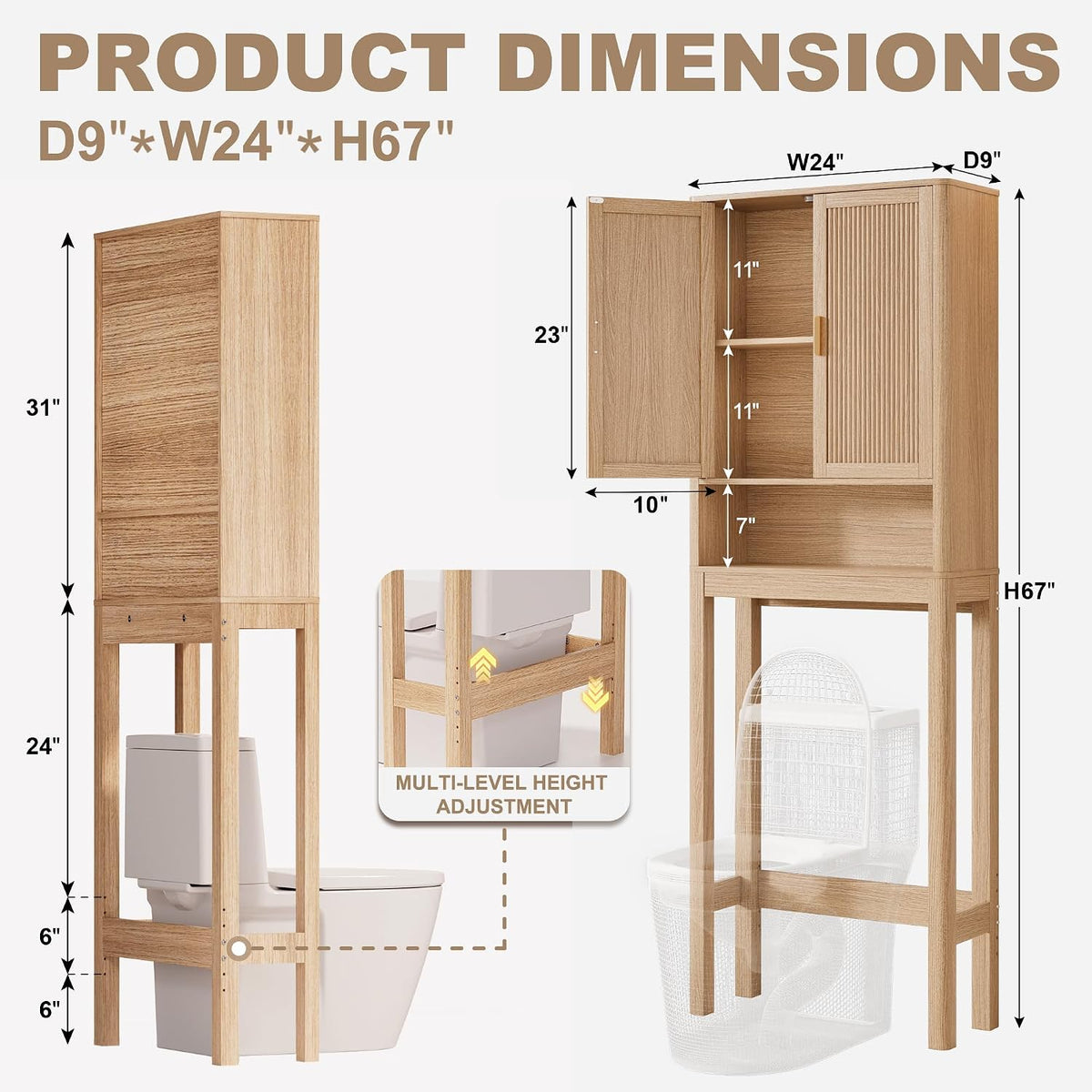 Over the Toilet Storage Cabinet, Bathroom Storage Cabinet with Fluted Doors and Adjustable Shelf, Tall Freestanding Over Toilet Bathroom Organizer with Anti-Tip Kit for Bathrooms Laundry, Boho Style