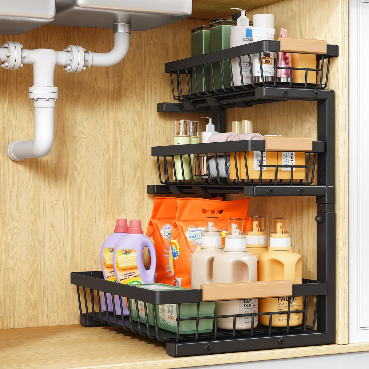 PXRACK Under Sink Organizer, 2-Pack 3-Tier Height Adjustable Thickened Metal Pull out Cabinet Organizer Shelf, Slide out Storage Drawer Rack for Bathroom Kitchen Pantry Home Organization, White