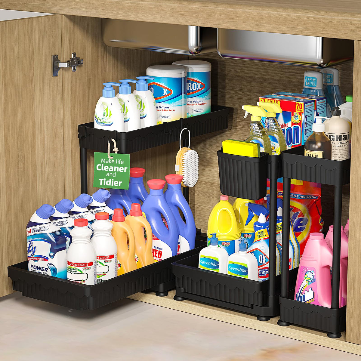 Sevenblue 3-Pack 2-Tier L-Shaped Under Sink Organizers with Sliding Drawers