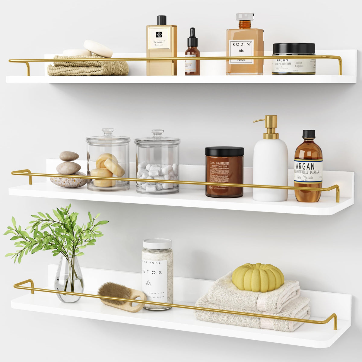 Forbena White Floating Shelves Bathroom Shelves Over Toilet Set of 3, Bathroom Organizers and Storage Shelves Wall Mounted, Modern Wood Corner Wall Shelf for Bedroom Closet -White and Dark Grey
