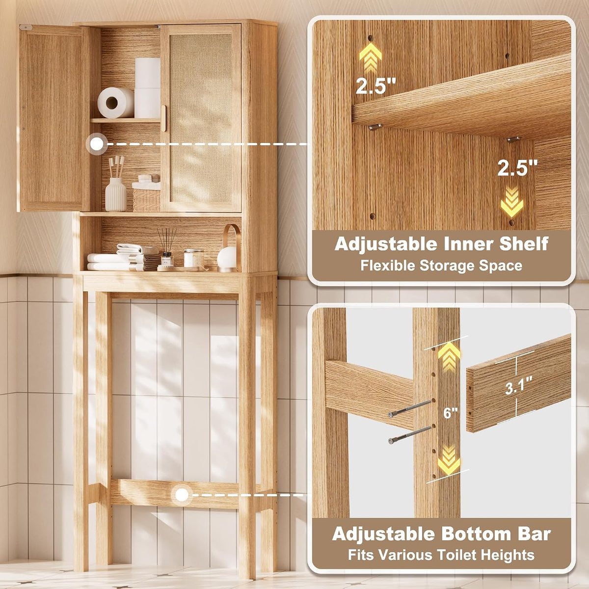 Over the Toilet Storage Cabinet, Bathroom Storage Cabinet with Rattan Doors, Bathroom Cabinet Over Toilet with Adjustable Shelf, Tall Freestanding Over Toilet Bathroom Organizer, Boho Natural Style