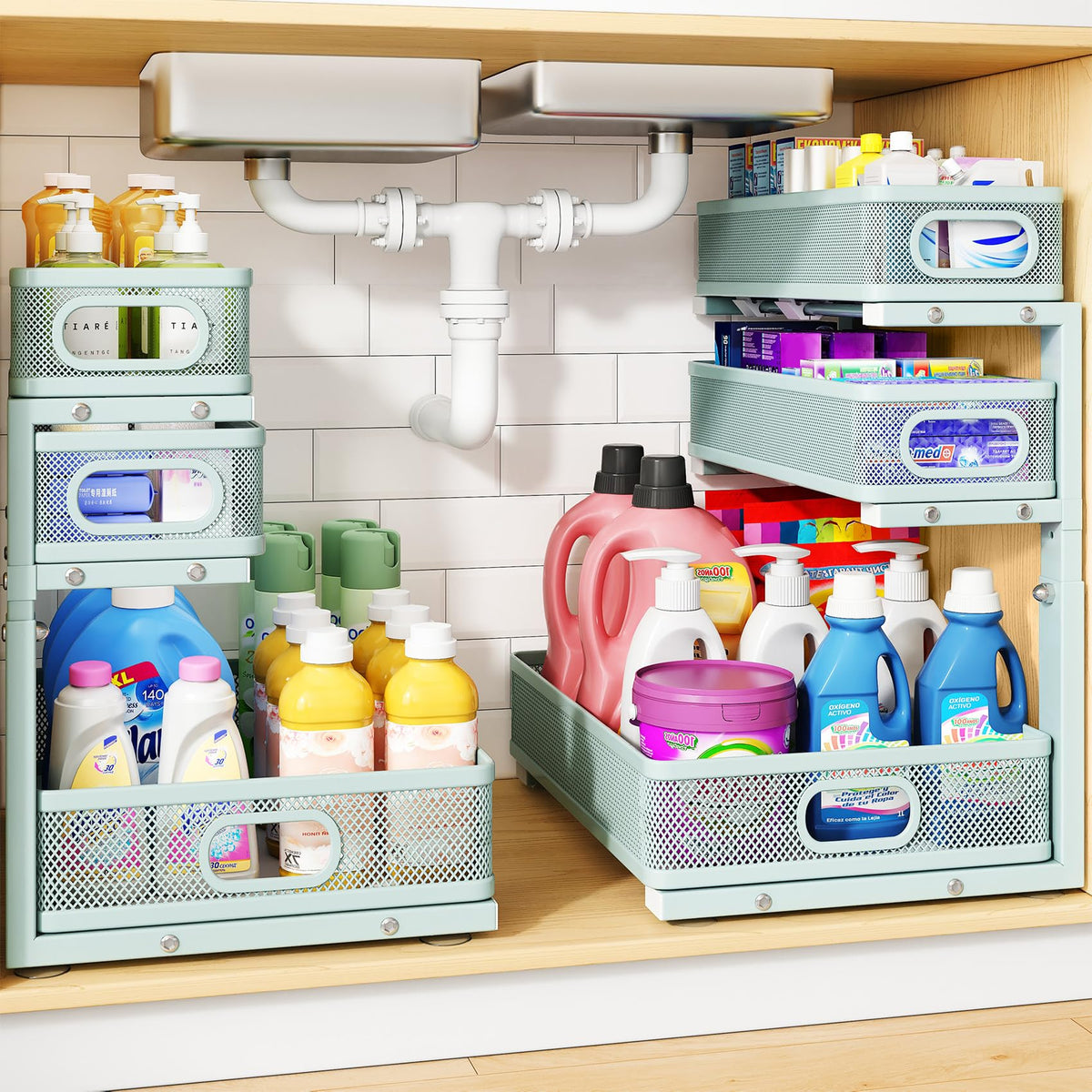 Under Sink Organizer, 3-Tier Thickened Metal Pull out Cabinet Organizer Shelf, Height Adjustable Slide out Storage Drawer Rack for Kitchen Bathroom Pantry Laundry Home Organization, 2-Pack, Black