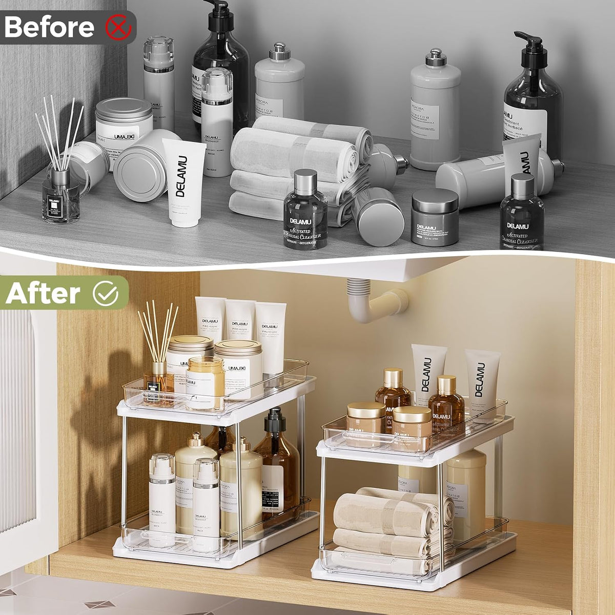 Delamu 2-Tier Bathroom Under Sink Organizers and Storage, Pull Out Cabinet Drawers with Anti-Slip Design, Multi-Purpose Storage for Kitchen, Pantry, Bathroom & Home Organization, White, 4 Pack