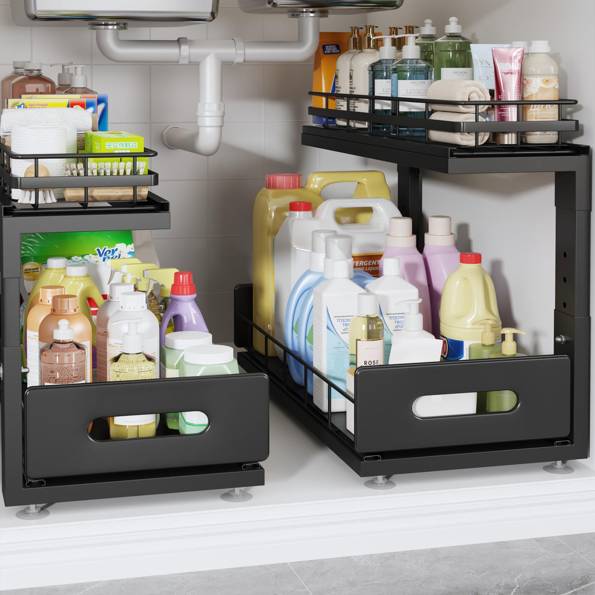 Under Sink Organizer Upgrade To Professional Rails,2-Tier Dual Pull Out Cabinet Storage,Height Adjustable Slide Out Drawers For Bathroom Kitchen,2 Pack-14.5" Dx12.8-16.9" H,White