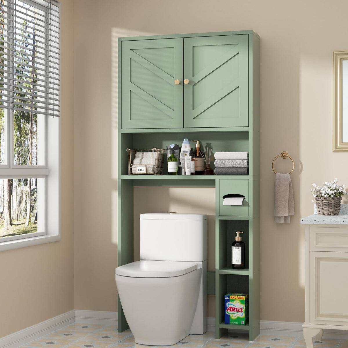 Shintenchi Over the Toilet Storage Cabinet, Bathroom Storage Cabient with Barn Doors, Bathroom Storage Shelf Organizer with Toilet Paper Holder, Adjustable Shelf and Anti-Tip Device, White