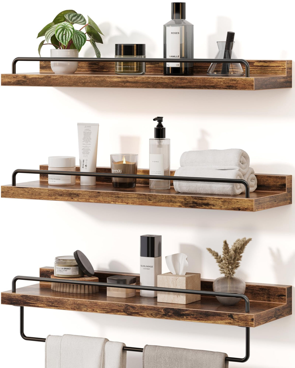 Seocry Bathroom Shelves, Wall Shelf Set of 3, Floating Shelves, Shelves for Room Wall, Bathroom Decor (White Gold, 15.7 Inches)