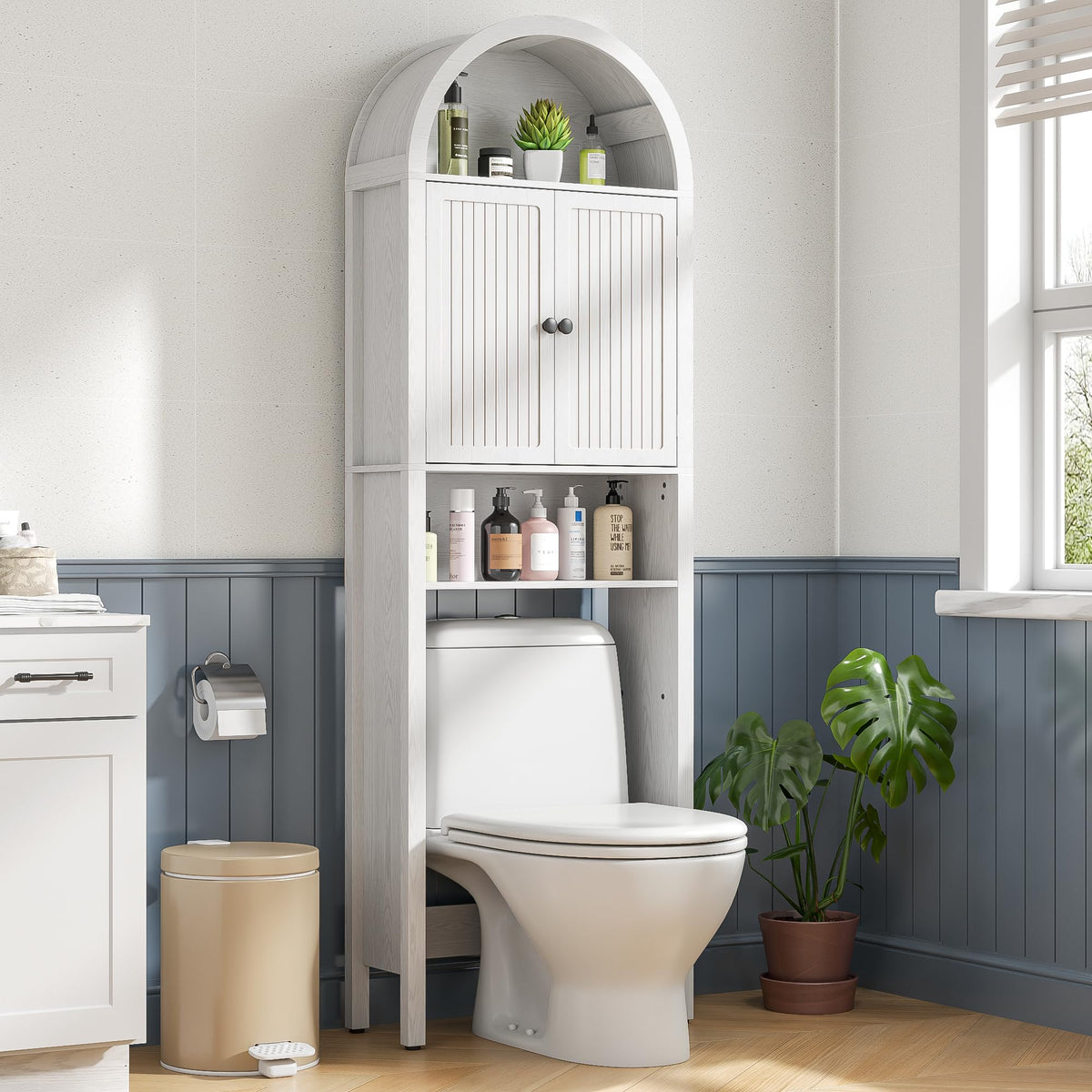 Arched Over The Toilet Storage Cabinet with Acrylic Doors, Bathroom Shelf