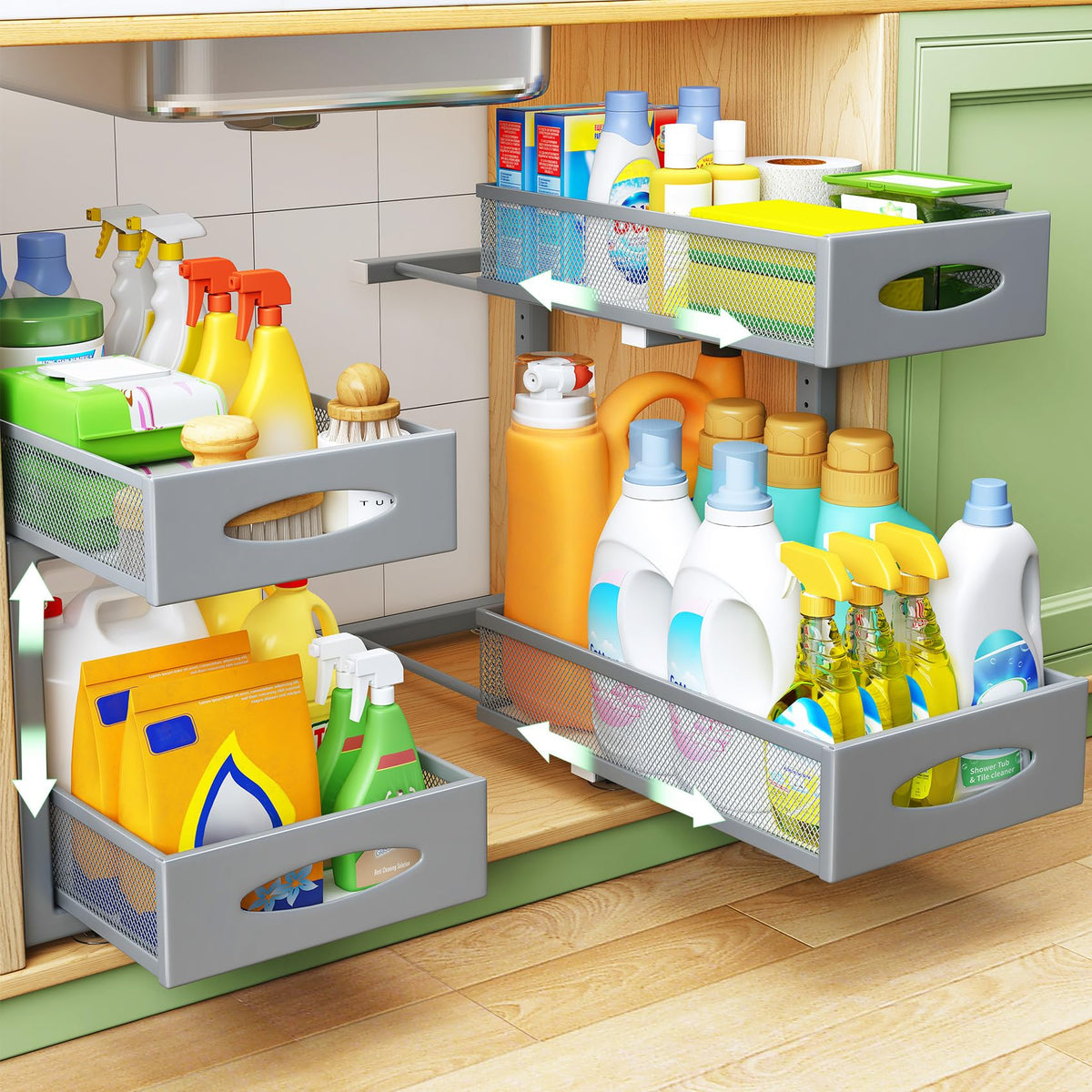 Under Sink Organizer, 2 Tier Pull out Cabinet Organizer Baskets with Mesh Sliding Drawers, Slide out Storage Shelf for Home, Kitchen, Bathroom, Pantry, Office Cabinet, Countertop(1 Pack)