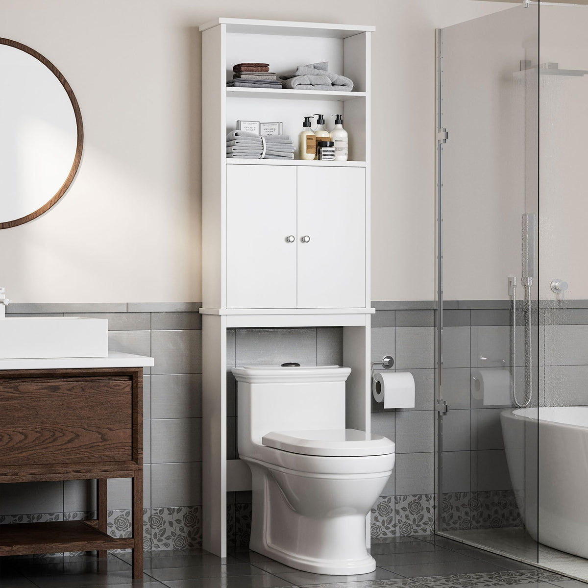 Shintenchi Over the Toilet Storage Cabinet, Bathroom Shelf Organizer with Anti-Tip Device Small Freestanding Space Saver with Adjustable Shelf，White