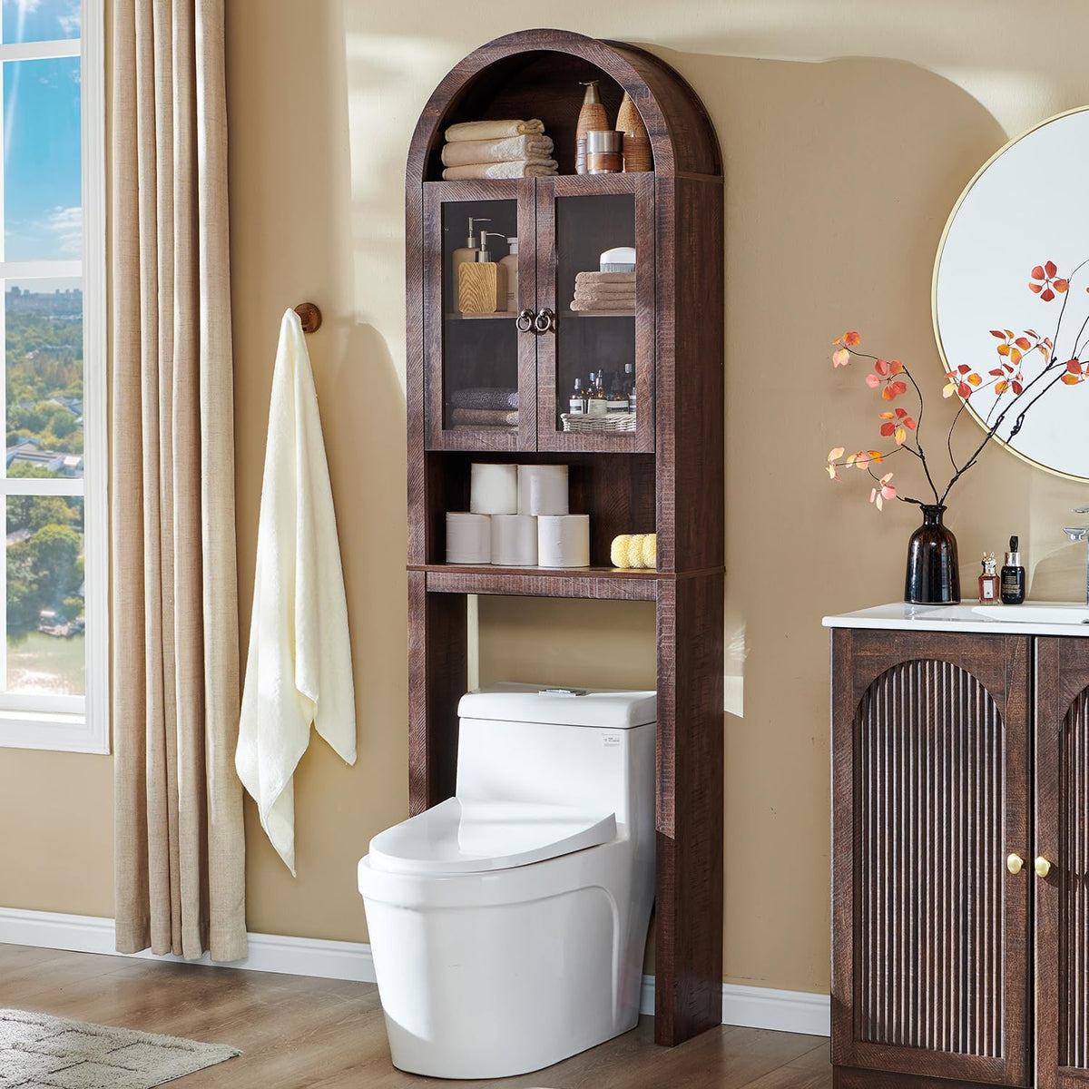 IFGET Arched Over The Toilet Storage Cabinet with Acrylic Doors,Dark Walnut