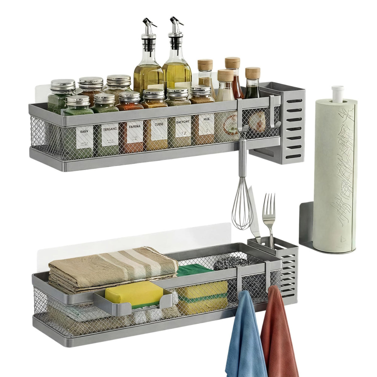 PUSDON Mesh Shower Caddy Wall Mount, Heavy Duty Adhesive Bathroom Shelf Organizer, Rustproof Floating Spice Rack for Kitchen Pantry, Holds 50 LBS, Multi-Purpose Storage Black-2 Packs (Netting)