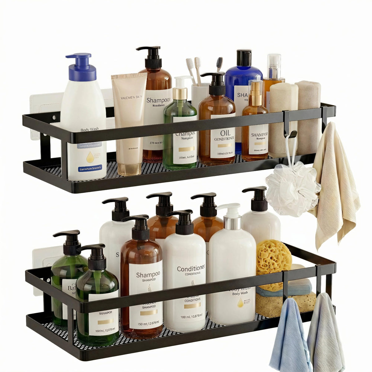 PUSDON Mesh Shower Caddy Wall Mount, Heavy Duty Adhesive Bathroom Shelf Organizer, Rustproof Floating Spice Rack for Kitchen Pantry, Holds 50 LBS, Multi-Purpose Storage Black-2 Packs (Netting)