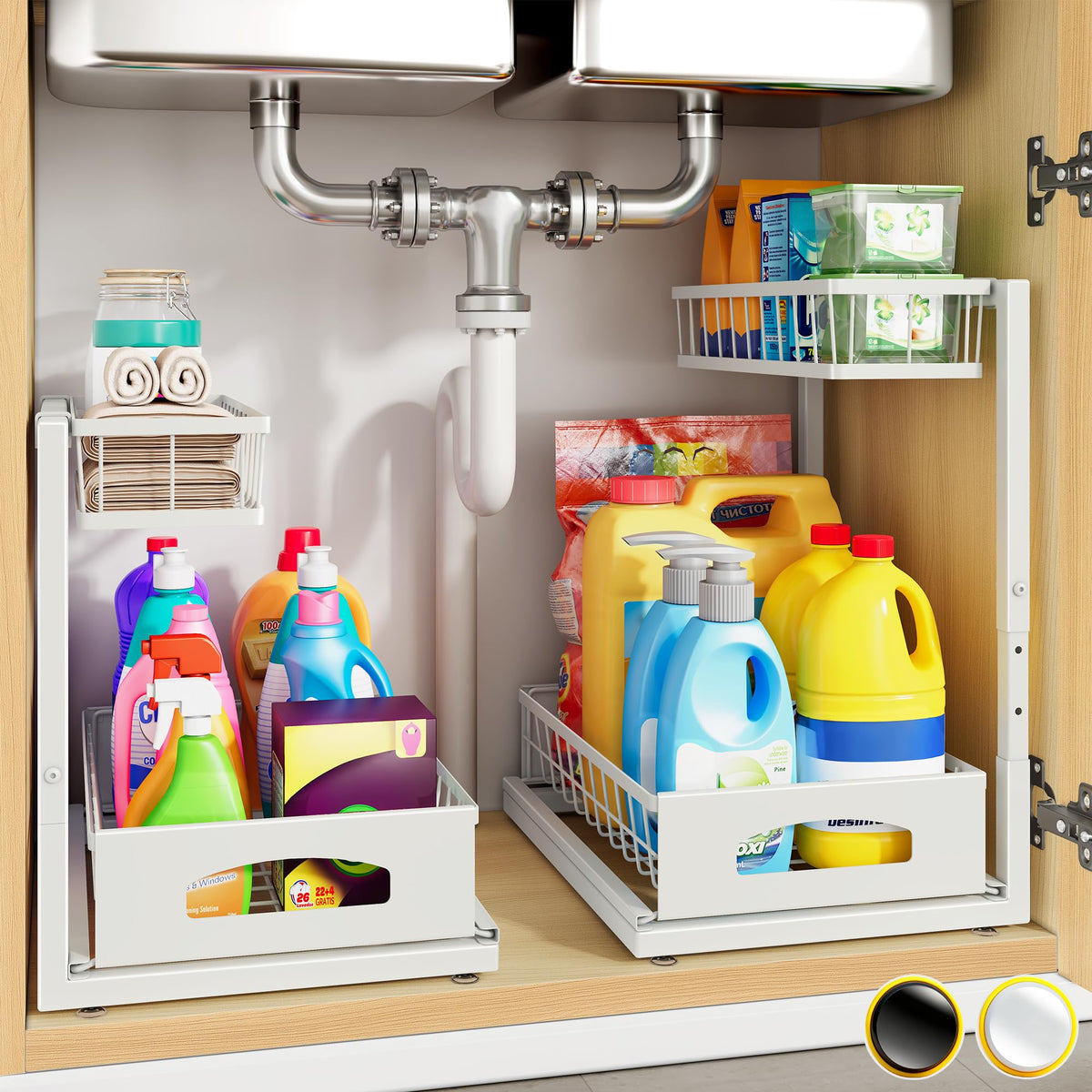Under Sink Organizer, 2-Pack L-Shaped Metal Pull-Out Drawers for Kitchen