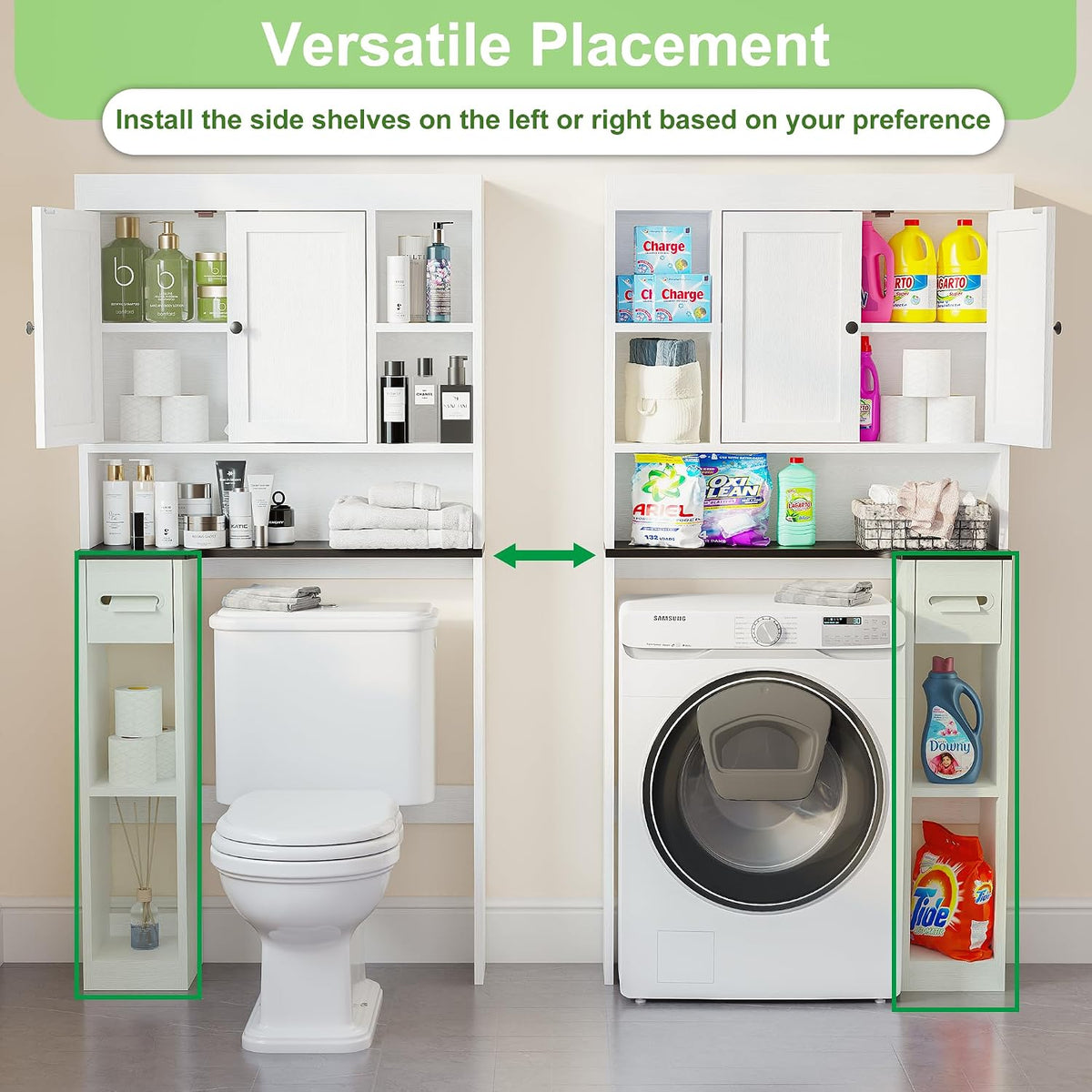 Over The Toilet Storage Cabinet with 7 Shelves, Imitation Walnut Grain Above Toilet Bathroom Organizer with Toilet Paper Holder Stand, Space Saver for Restroom, Laundry, Bathroom (White)