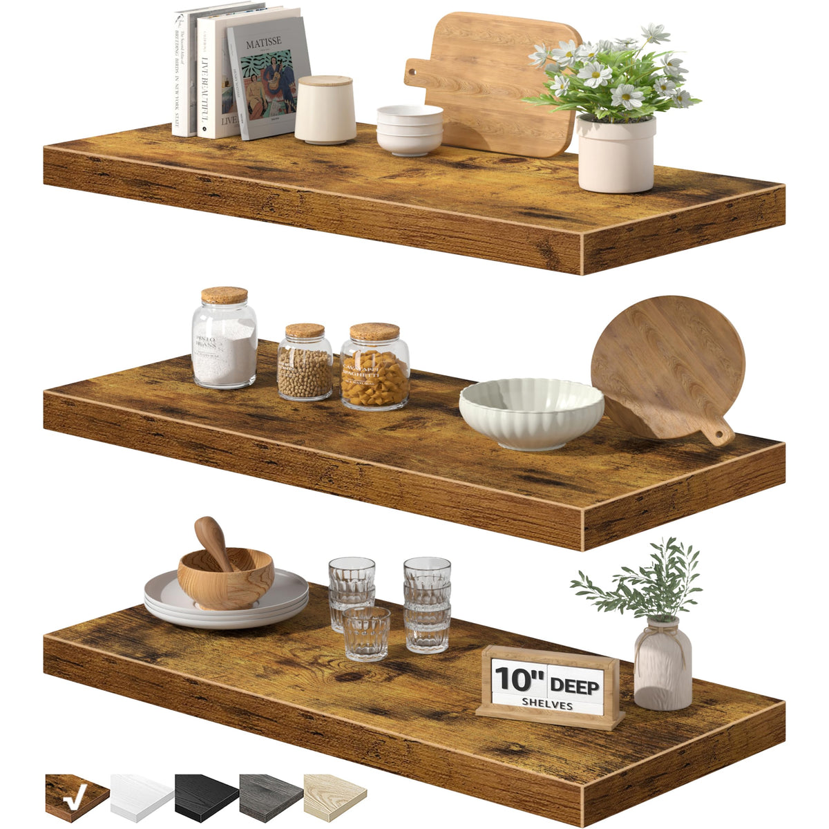 QEEIG Floating Shelves for Wall Small Shelf (Brown, Set of 3, 15.7" x 6.7")
