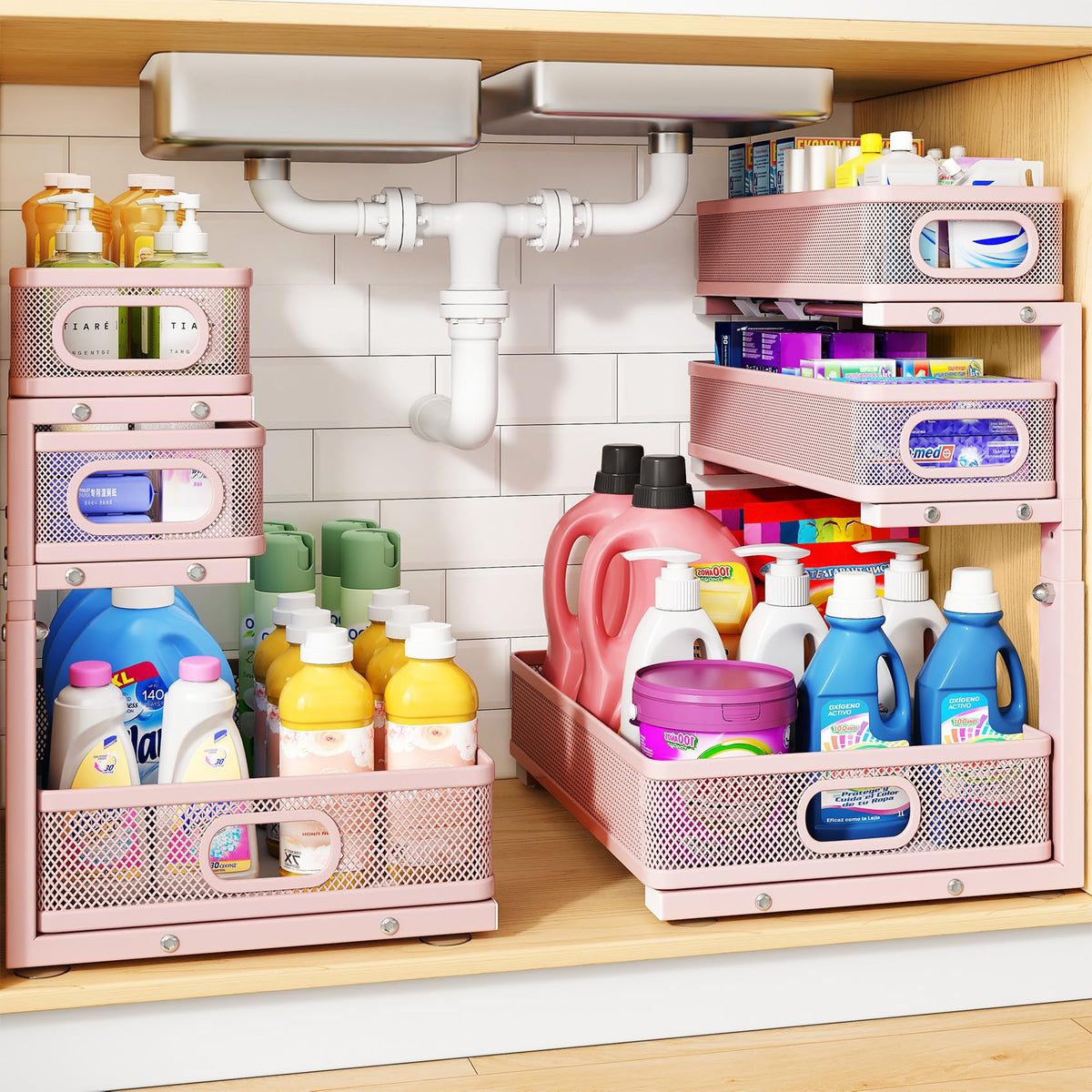 Under Sink Organizer, 3-Tier Thickened Metal Pull out Cabinet Organizer Shelf, Height Adjustable Slide out Storage Drawer Rack for Kitchen Bathroom Pantry Laundry Home Organization, 2-Pack, Black