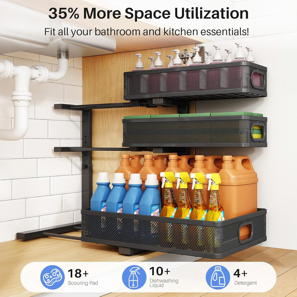 Under Sink Organizer, 3-Tier Thickened Metal Pull out Cabinet Organizer Shelf, Height Adjustable Slide out Storage Drawer Rack for Kitchen Bathroom Pantry Laundry Home Organization, 2-Pack, Black