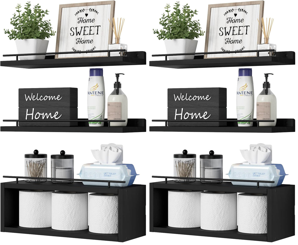 WOPITUES Floating Shelves for Wall with Cube Shelf, Wall Shelves with Metal Rail for Bathroom Decor, Bathroom Organizers and Storage, Over Toilet Shelves for Toilet Paper-Black